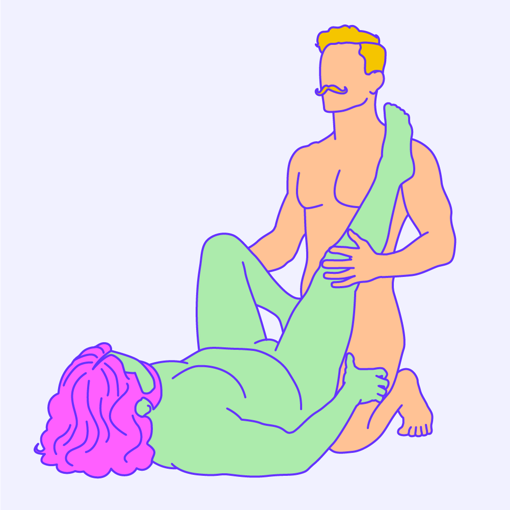 A naked illustrated couple in a kneeling and lying down sex position.