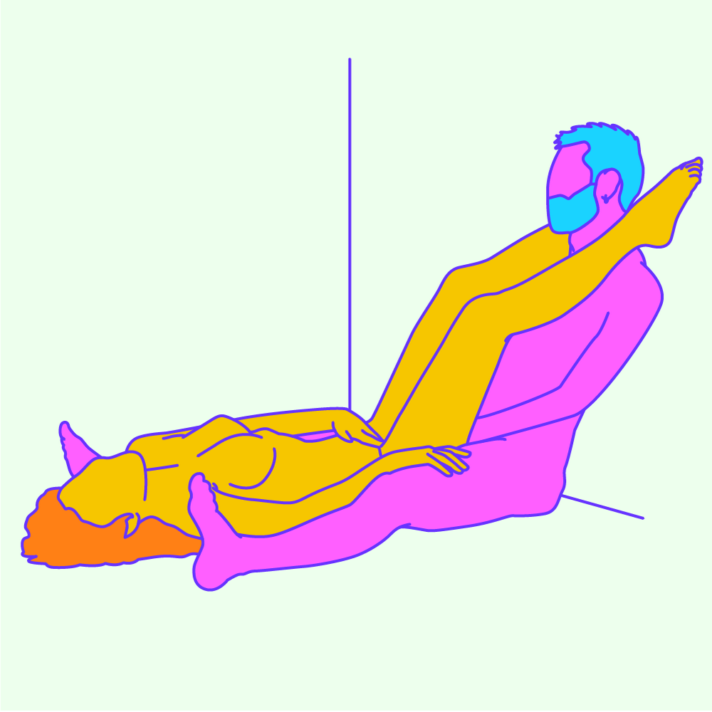 A naked illustrated couple in lying in-between each other mutual masturbation sex position.