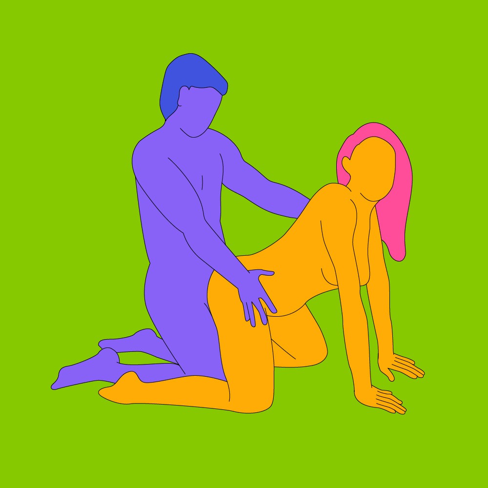 A naked illustrated couple kneeling on the floor in a doggy style sex position.