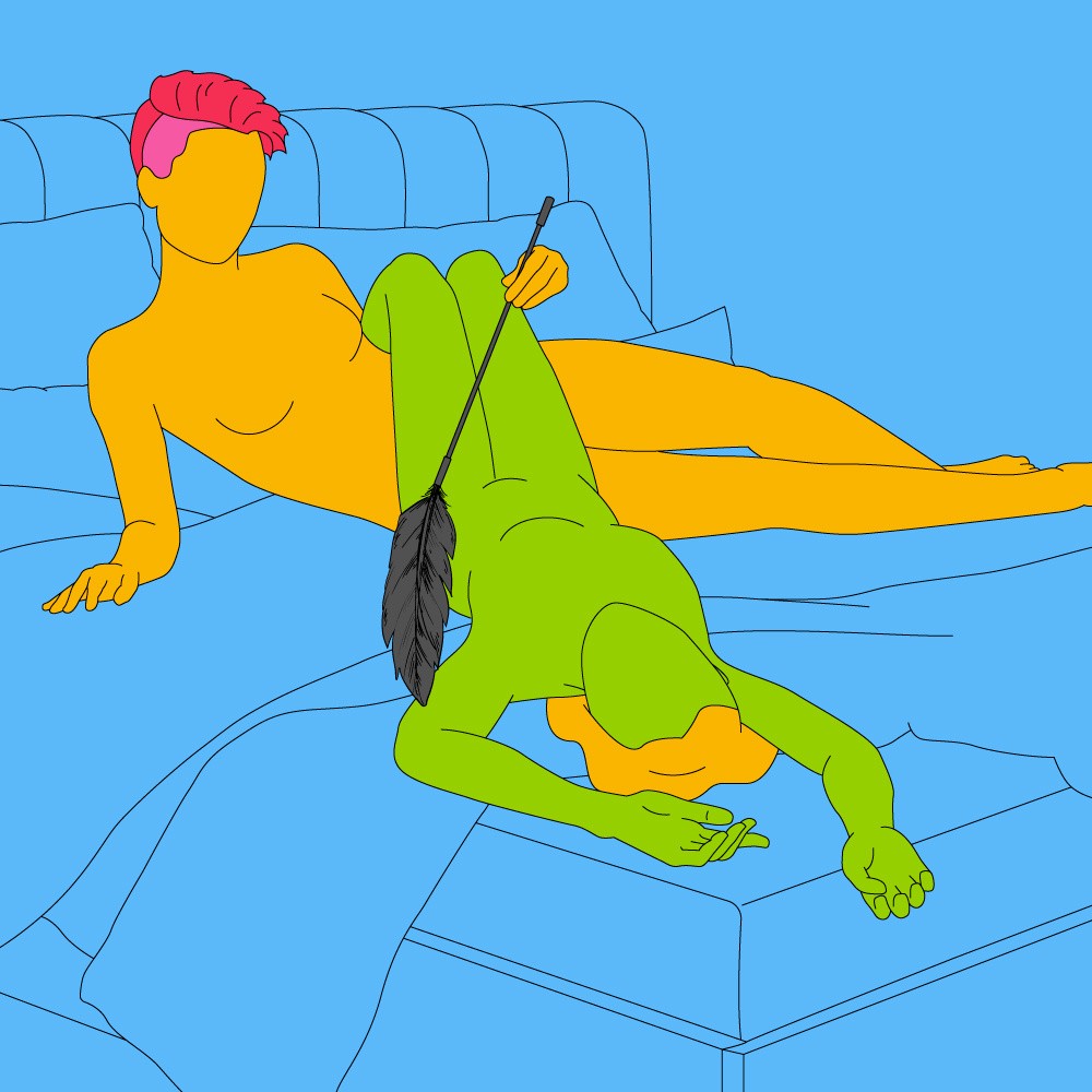 A naked illustrated couple led on a bed. One is reclined and holding a feather tickler and the other is facing away with their legs draped.