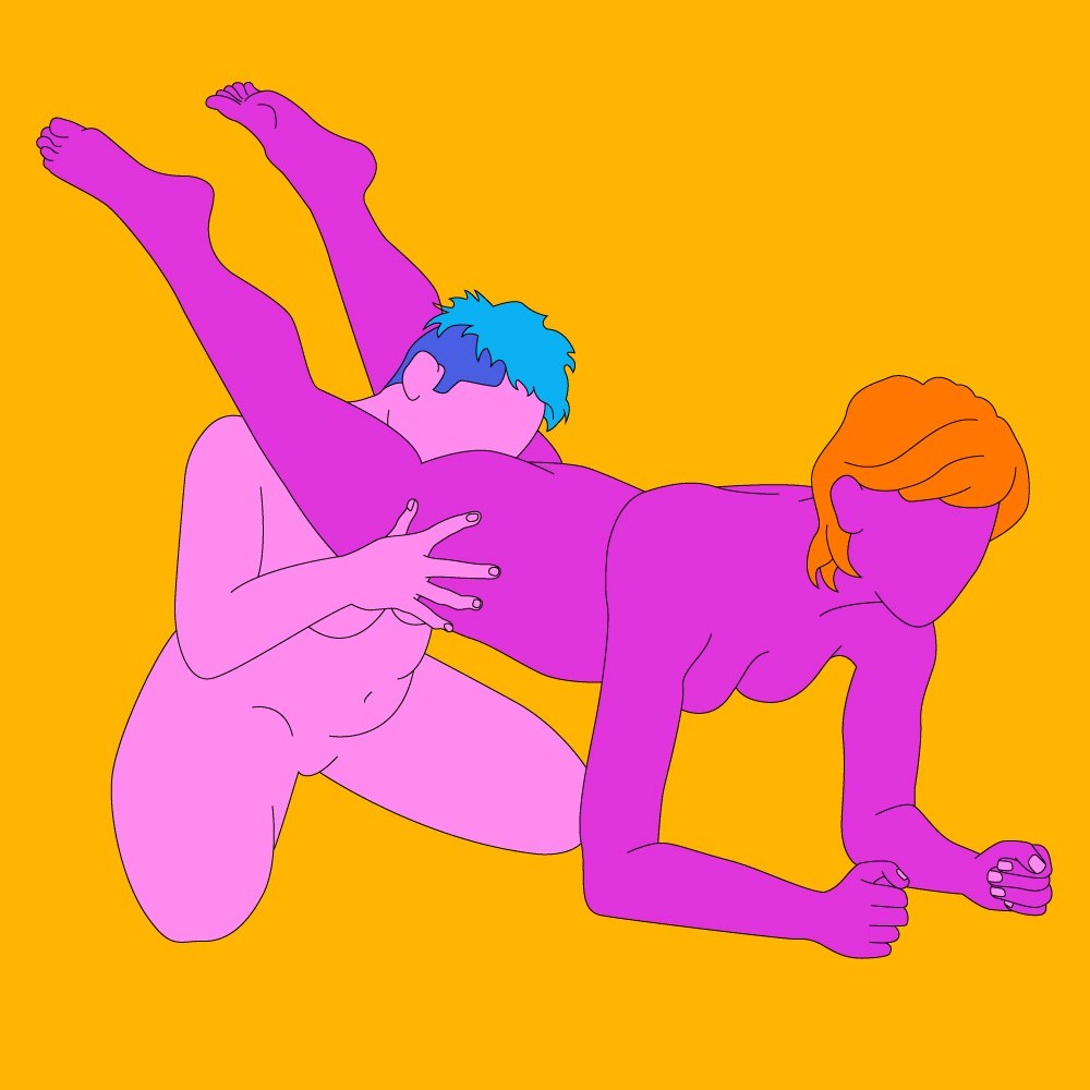 A naked illustrated couple in an athletic oral sex position. One is on their elbows while the other is knelt and holding their thighs.
