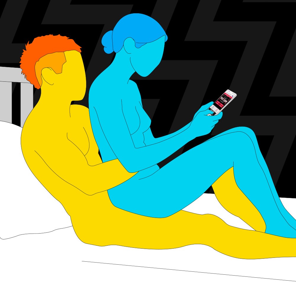 A naked illustrated couple on a bed. One is lying down while the other is sat on their lap, browsing Lovehoney's Black Friday sale on their phone.