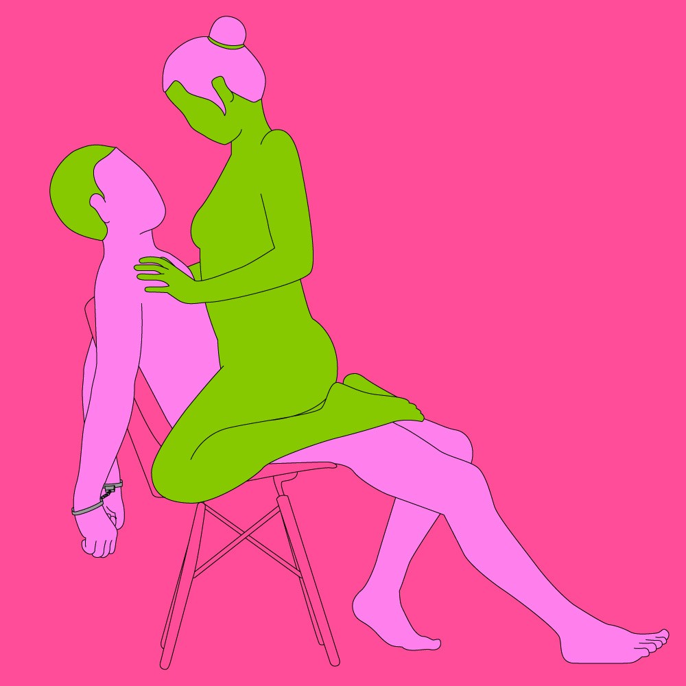A naked illustrated couple in a seated, bondage variation of the Reverse Cowgirl position.