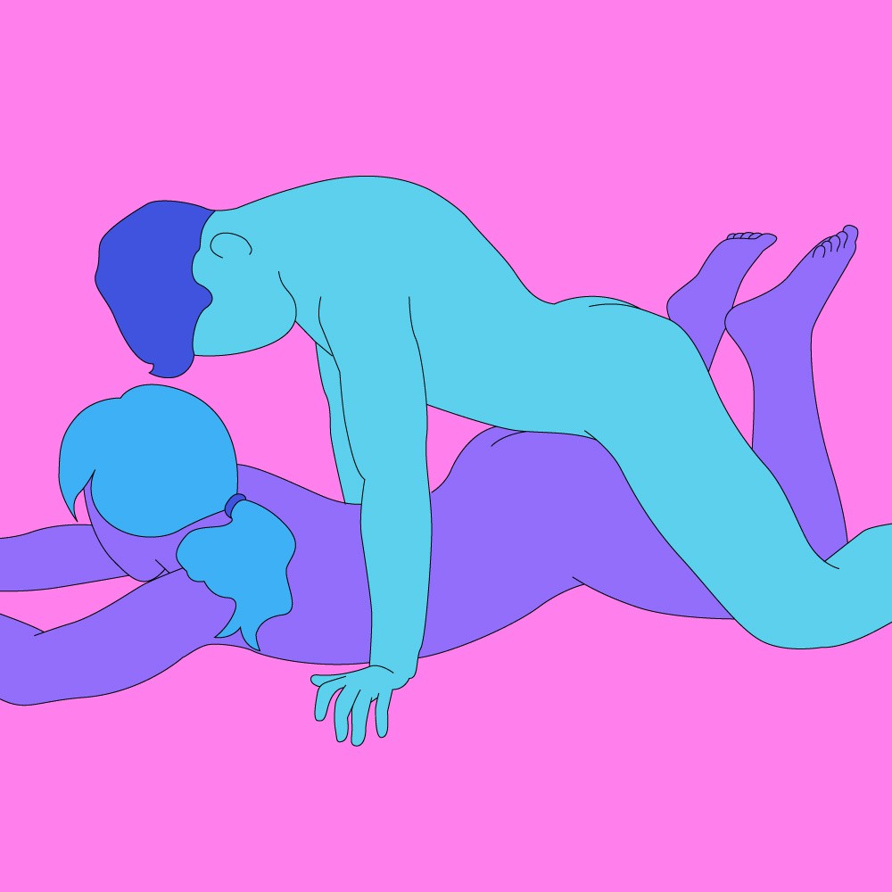 A naked illustrated couple. One person is led on their stomach while the other is straddling behind them.