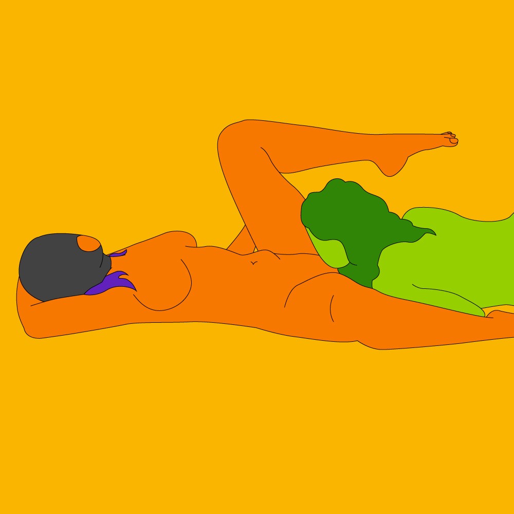 A naked illustrated couple. One is led on their back wearing a bondage hood with one leg raised, and the other is knelt between their lover's legs.