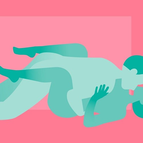 A still graphic of two individuals performing the Heart to Heart gay sex position