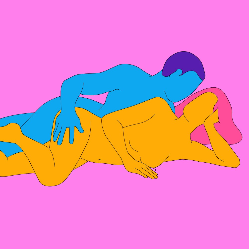 A naked illustrated couple lying close together in a spooning position.