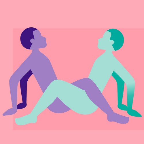 A still graphic of two individuals performing the Looking Glass gay sex position