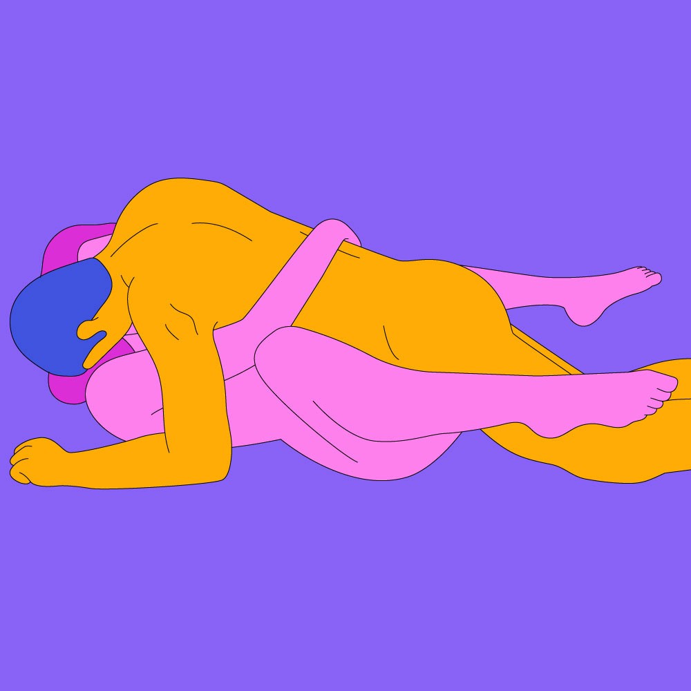 A naked illustrated couple in a lying down position, with their arms and legs wrapped around each other.