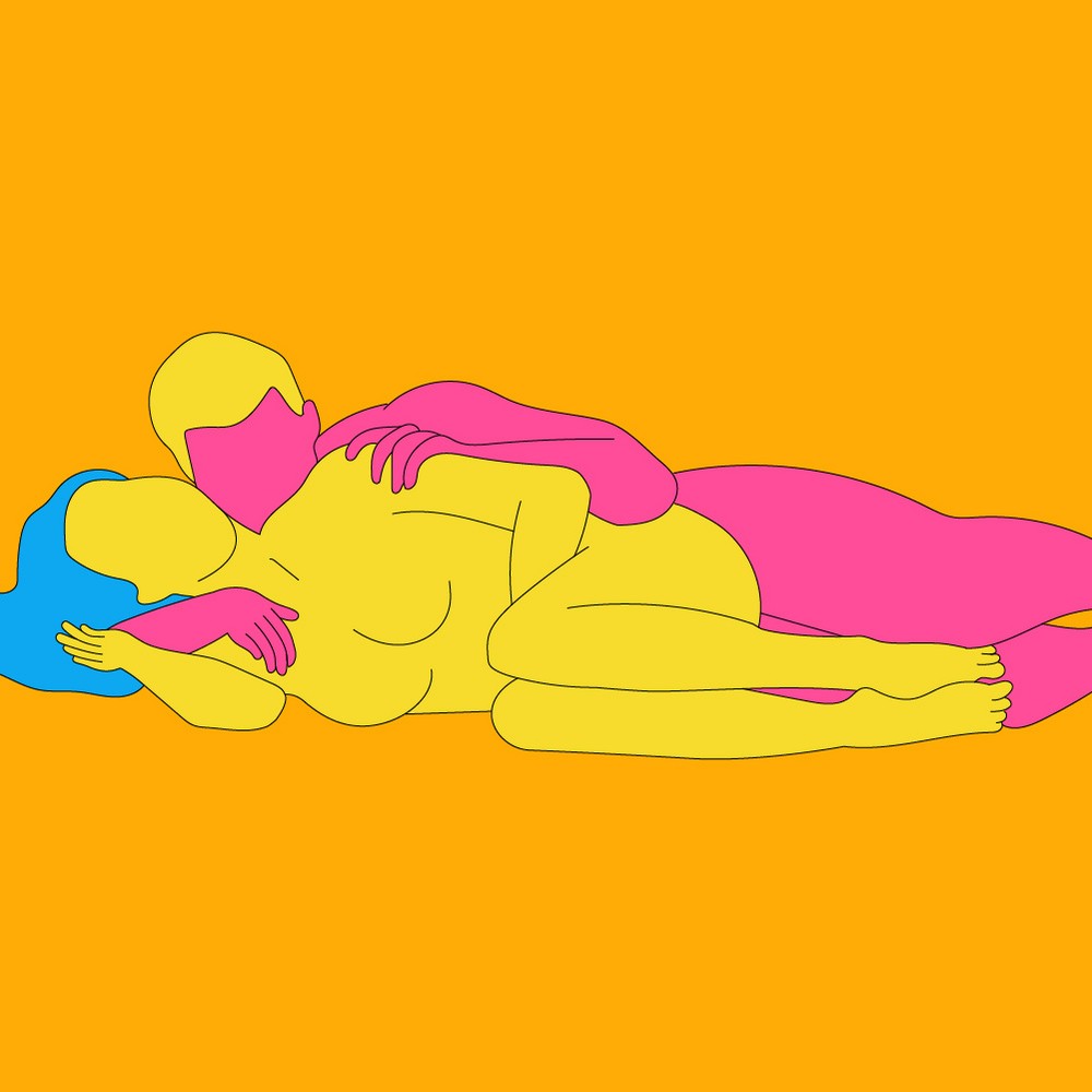 A naked illustrated couple lying on their side in a spooning position.