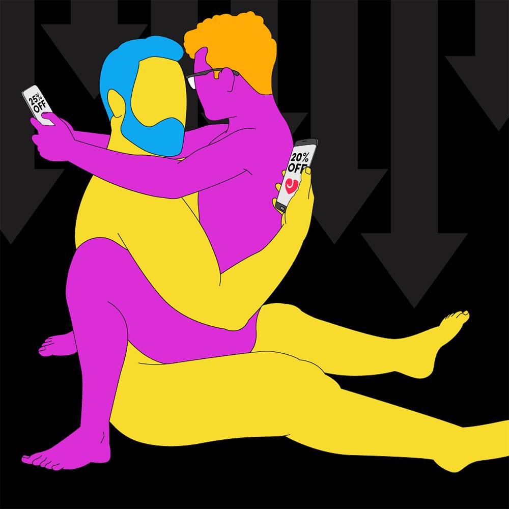 A naked illustrated couple in a seated position. One is on the floor and the other is straddling them, both holding and looking at their phones.