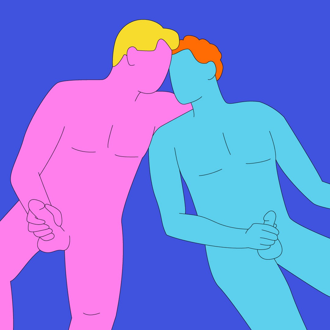 A naked illustrated couple sat next to each other in a seated position, looking into each other's eyes.