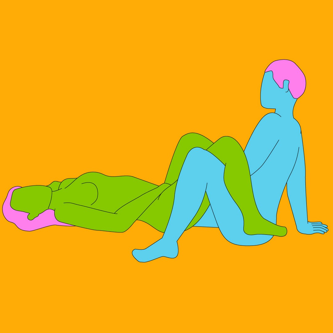 A naked illustrated couple with entwined legs. One is seated and one is lying on their back.