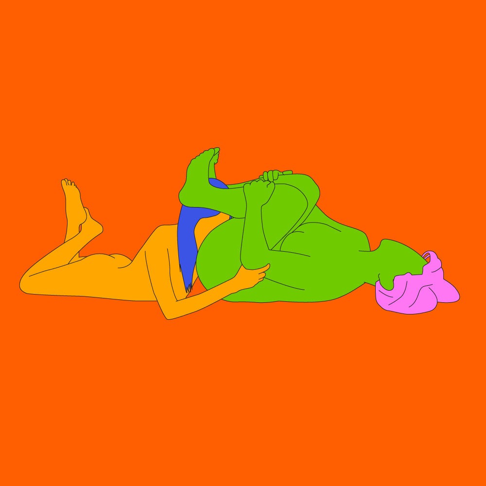 A naked illustrated couple. One is led on their back with knees curled tightly to their chest and the other is led facing their lover's genitals.