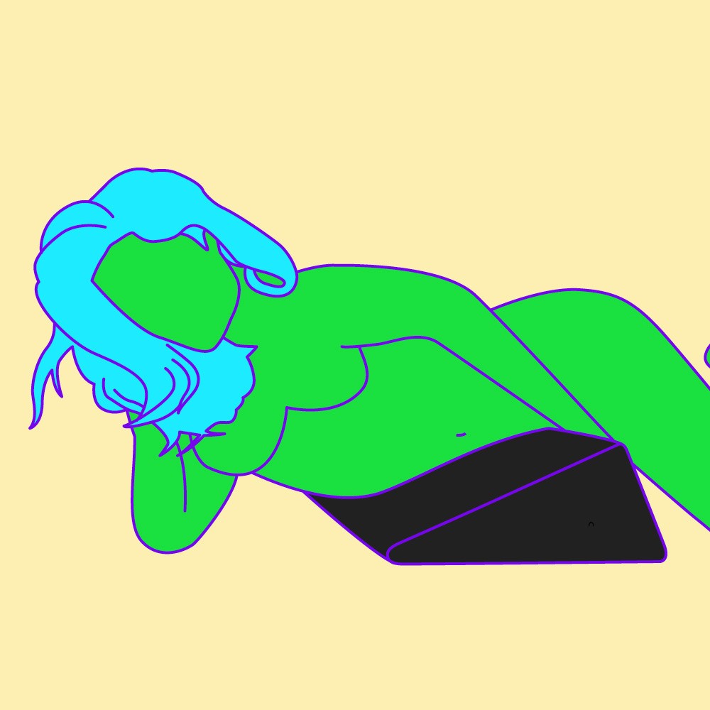 A naked illustrated woman leaning forwards onto a sex wedge in a solo masturbation sex position.
