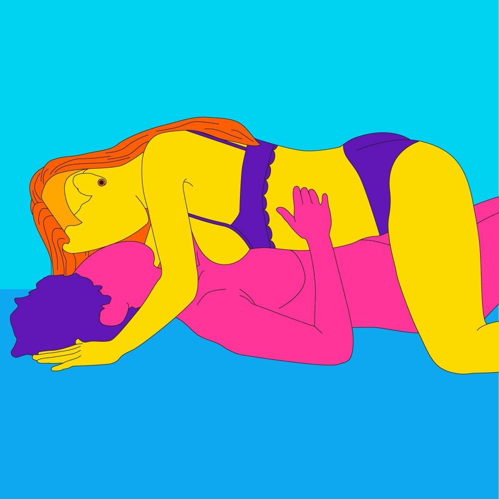 A naked illustrated couple lying on top of each other on the floor. One is wearing open-cup lingerie.