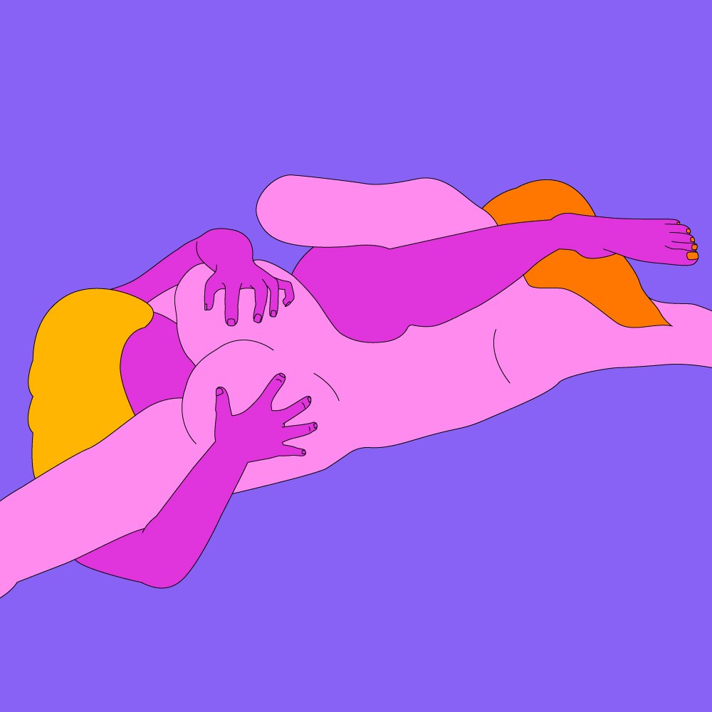 A naked illustrated couple led on the floor in a 69 position.