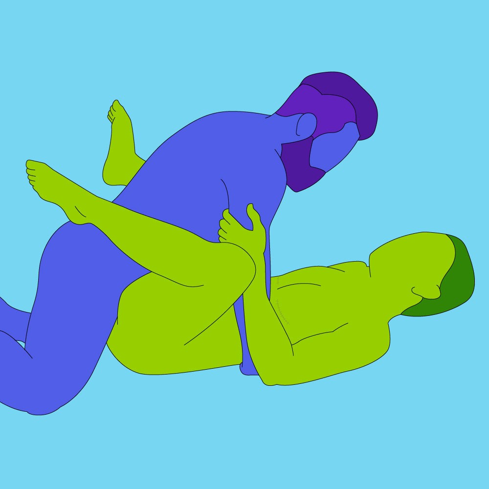 A naked illustrated couple in a lying down position, with their arms and legs wrapped around each other.