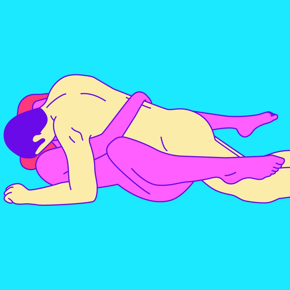 A naked illustrated couple in a lying down position, with their arms and legs wrapped around each other.