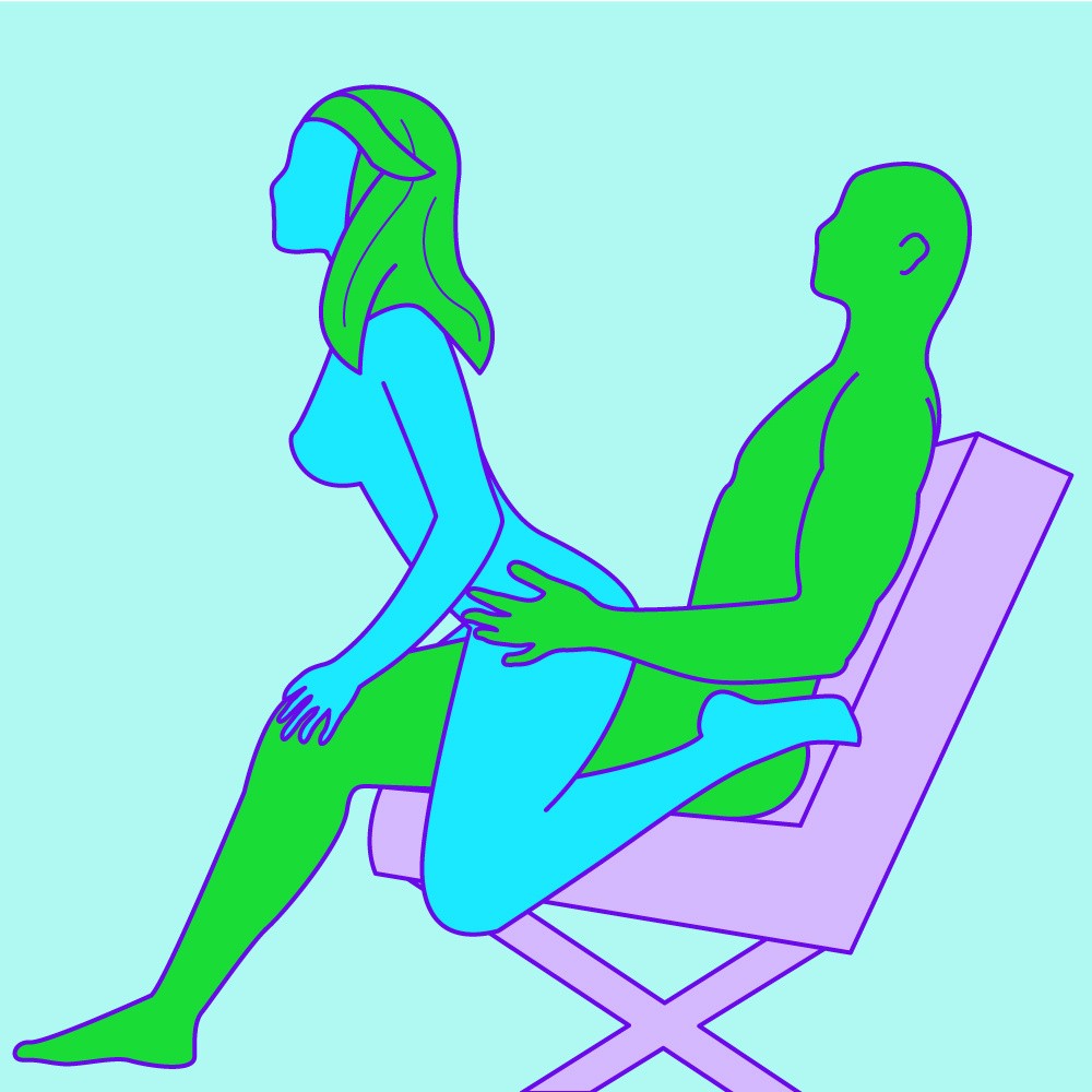 A naked illustrated couple in a seated variation of the reverse cowgirl position.
