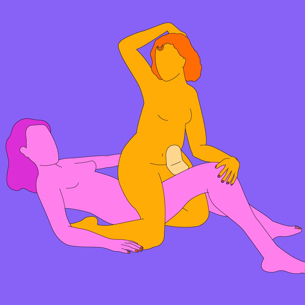 A naked illustrated couple in a reverse cowgirl position. One is lying on their back with knees up, the other is knelt in-between their legs.