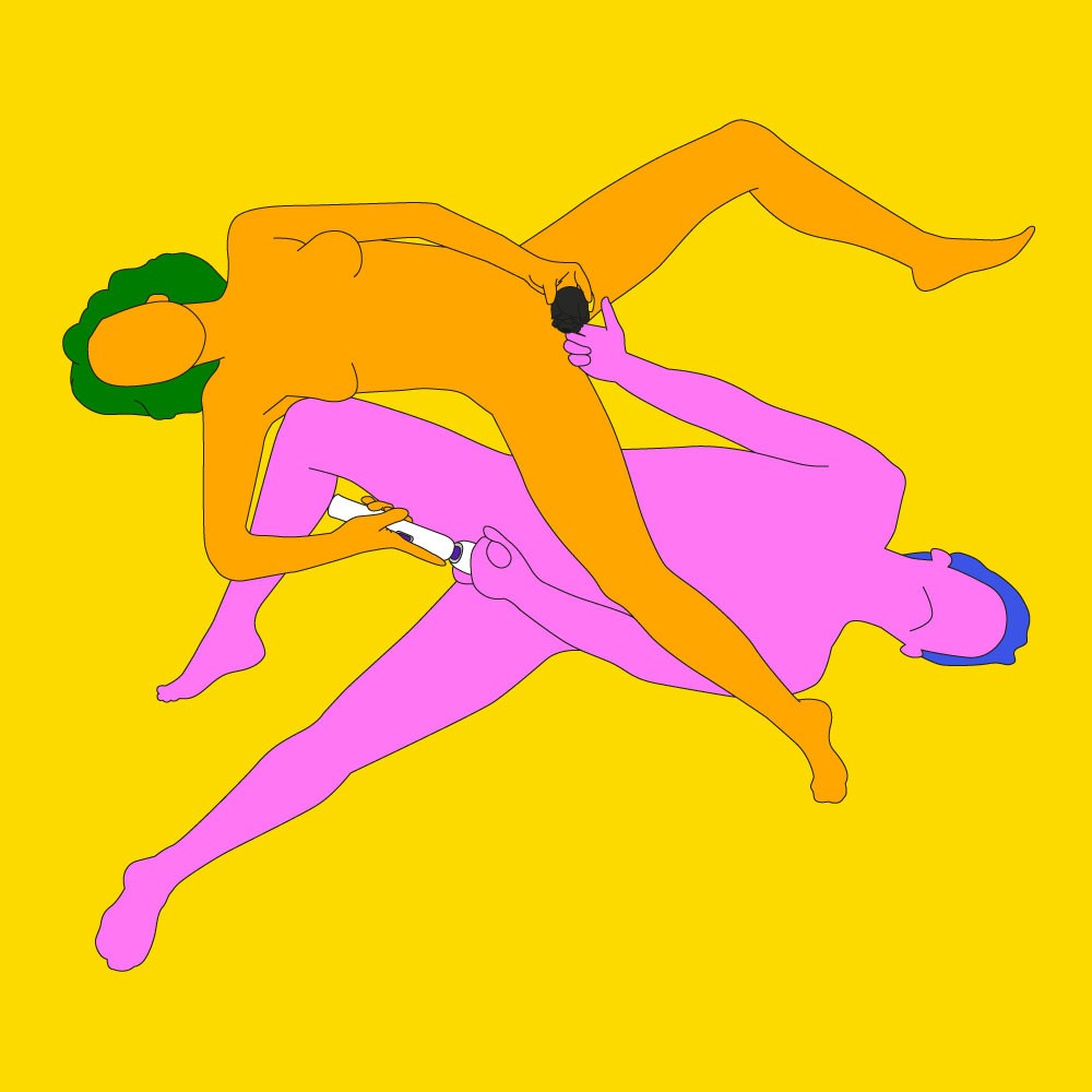 A naked illustrated couple lying on opposite ends in a mutual masturbation position. One is holding a Rose toy and the other a wand massager.