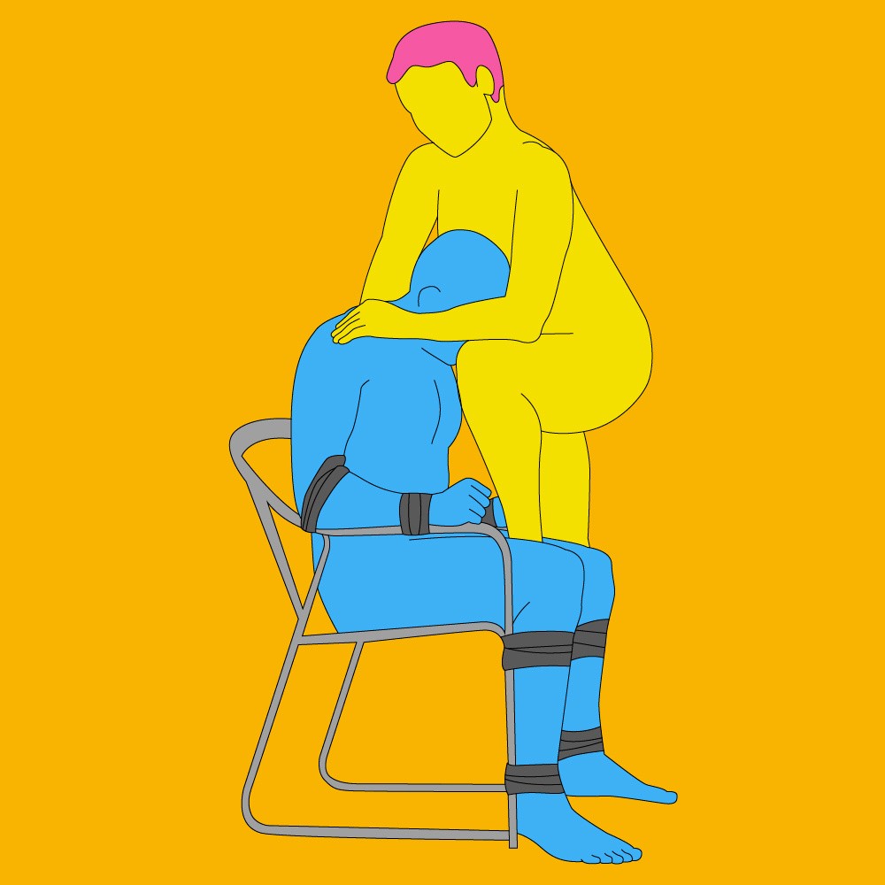 A naked illustrated couple in a bondage position. One person is tied up in a chair and the other is straddling them.