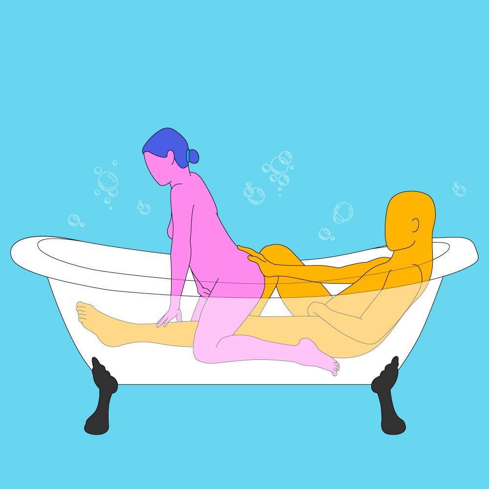 A naked illustrated couple sat together in the bath. One is leaning back and the other is sat on their lap.