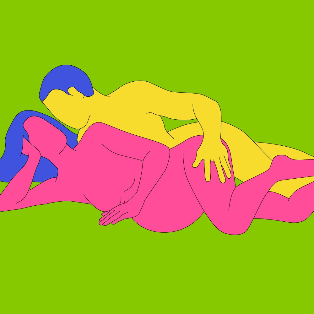 A naked illustrated couple in a spooning position. Both are led to the side and one has their hand on their lover's hip.