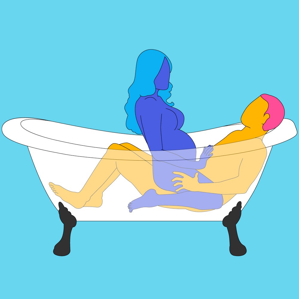 A naked illustrated couple in a cowgirl position in the bath.