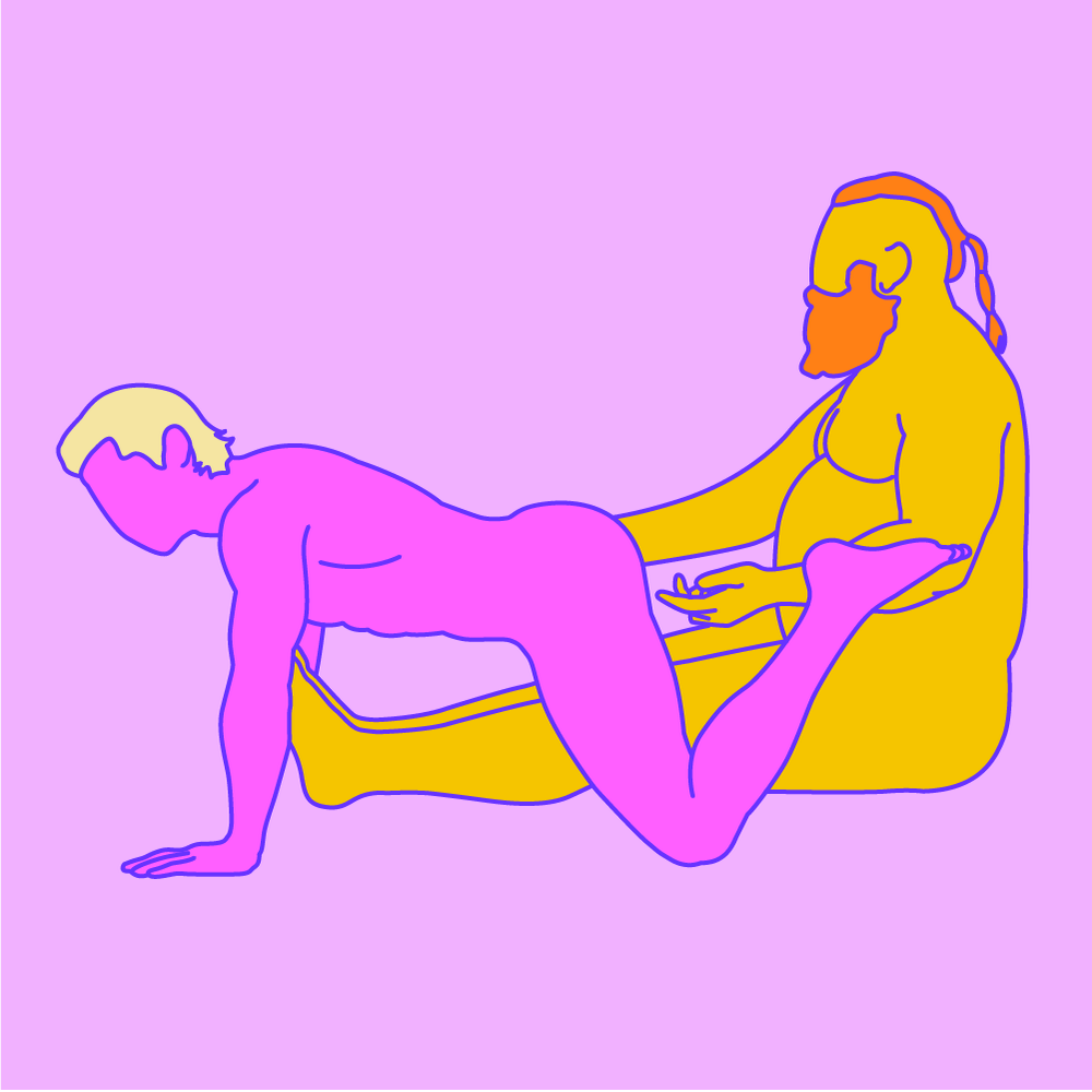A naked illustrated couple in a seated anal stimulation sex position.