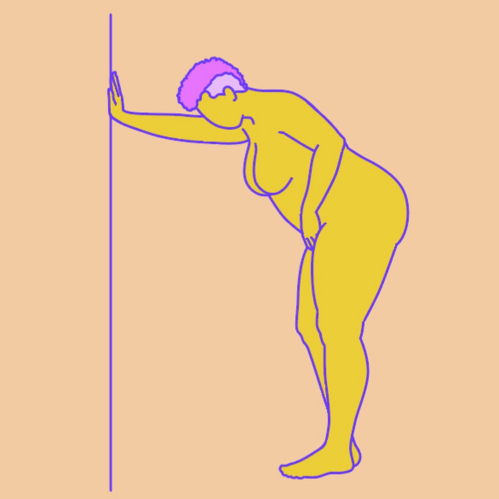 A naked illustrated woman bent over, using one hand to hold herself up and the other to touch herself.