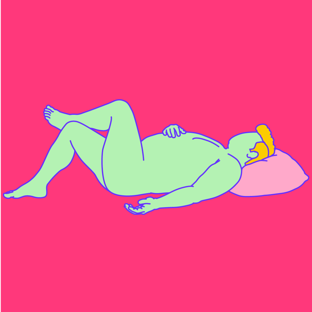 A naked illustrated man led on their back with a pillow behind their head. They have their legs crossed and are rubbing their thighs together.