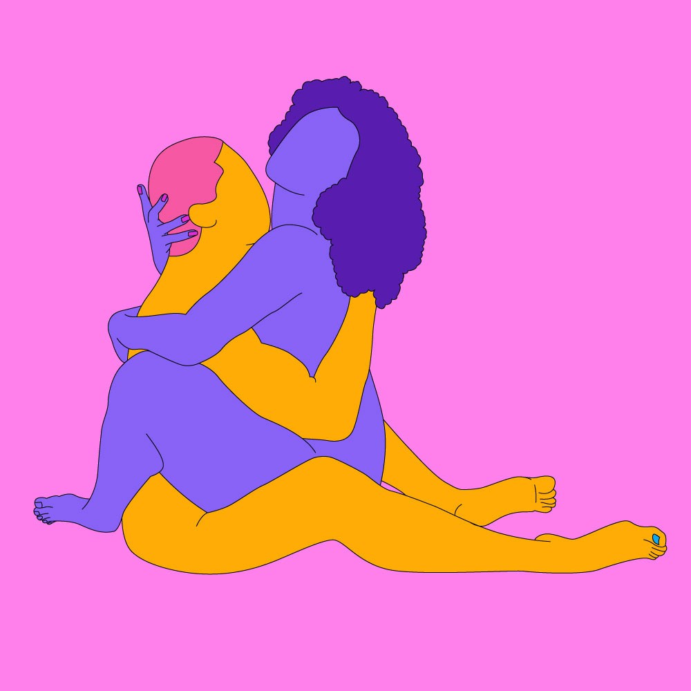 A naked illustrated couple. One is sat with legs out front and the other is sat on top, with their arms wrapped around each other in a close embrace.