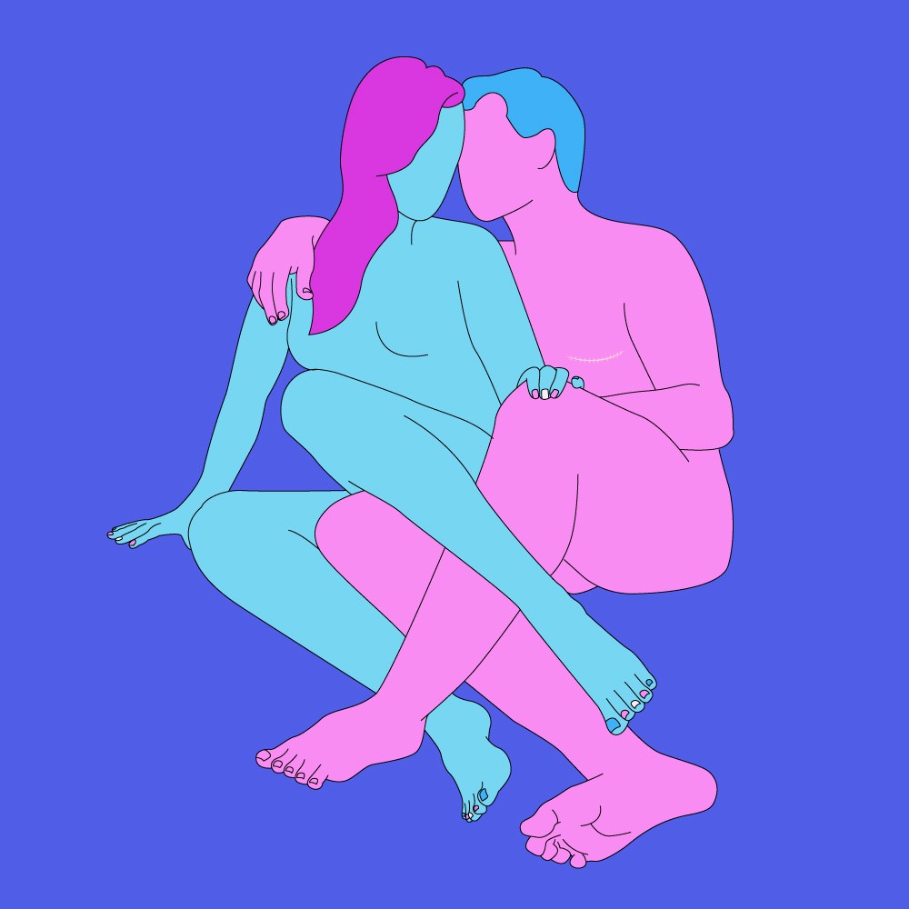 A naked illustrated couple sat together with their legs wrapped around each other and staring intensely into each other's eyes.