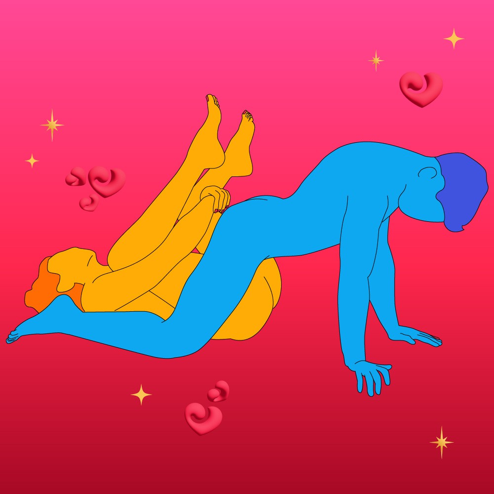 A naked illustrated couple in a sleigh style penetration sex position. One is lying on their back with legs up and the other is on all fours.
