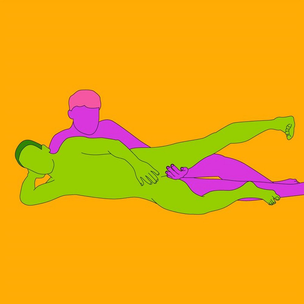 A naked illustrated couple in a sideways anal sex position.