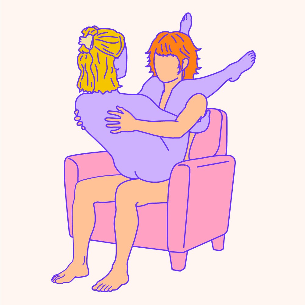A naked illustrated couple in a seated couples sex position.