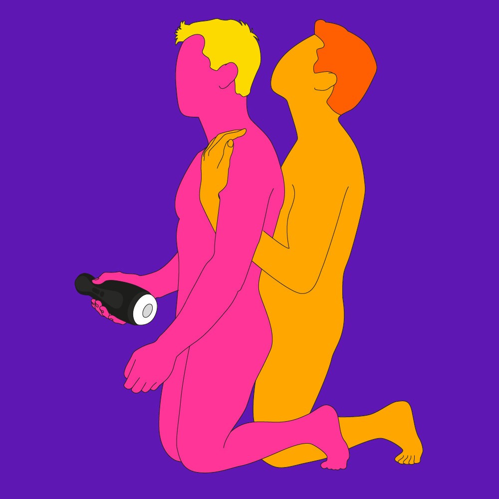A naked illustrated couple in a kneeling position and facing the same way. One is holding onto their lover as the other holds their Fleshlight.