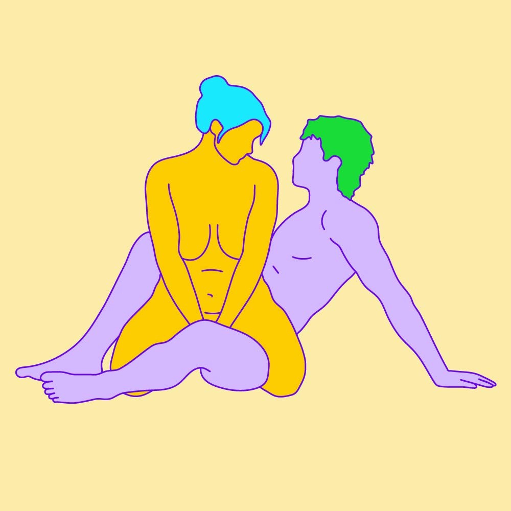 A naked illustrated couple in a straddling masturbation sex position.