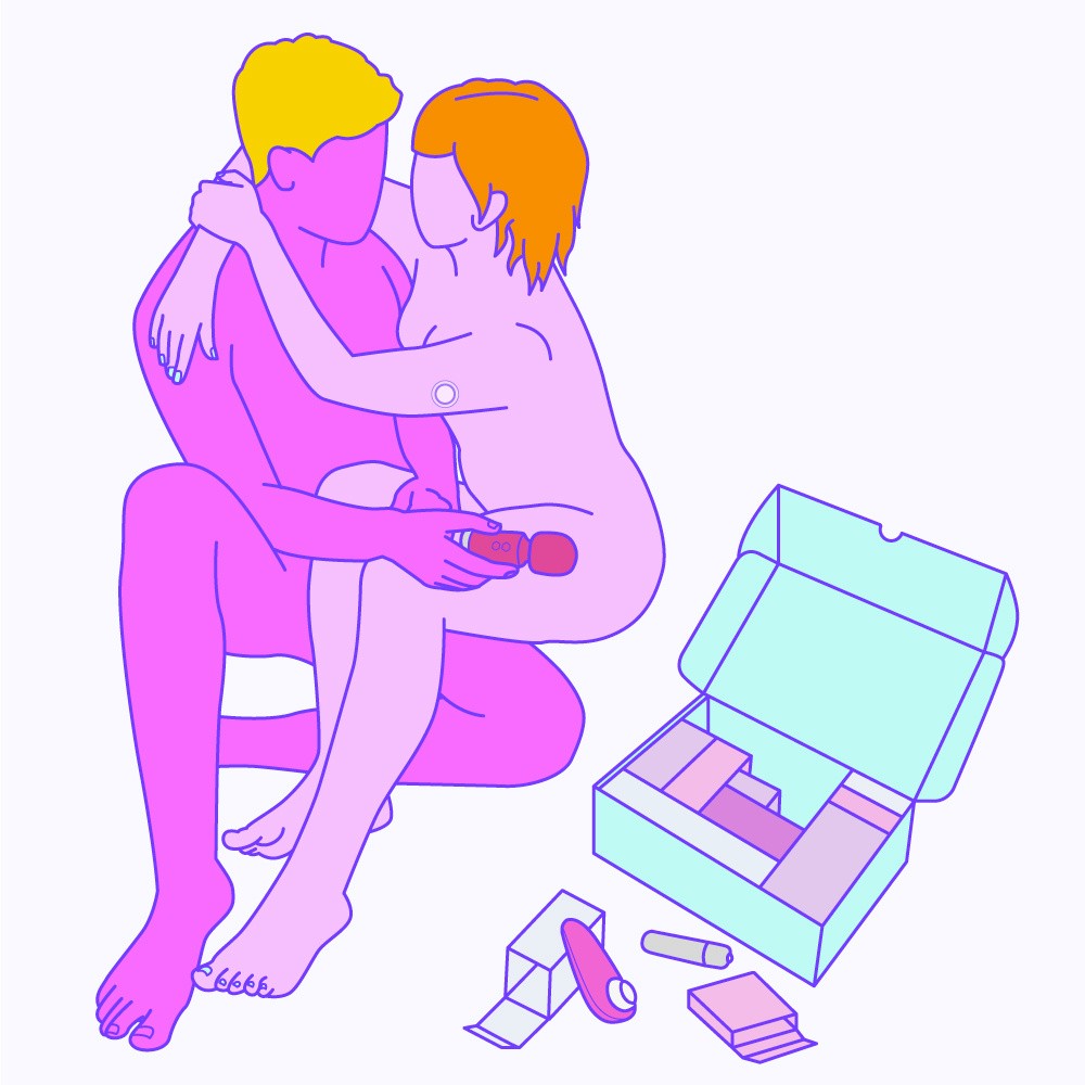 A naked illustrated couple sat on the floor and cuddling each other with their open sex toy advent calendar beside them.