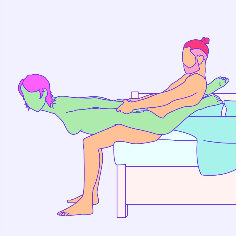 A naked illustrated couple in a hammock-style penetration sex position.