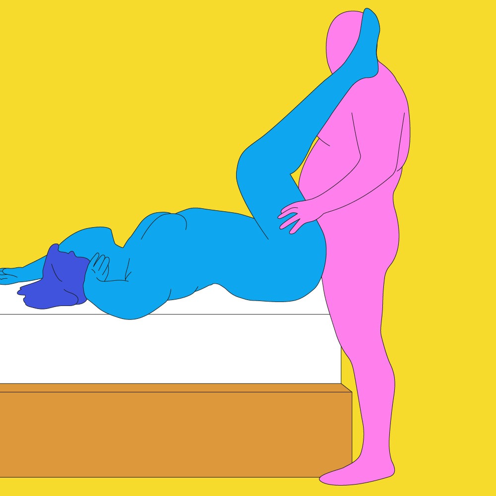 A naked illustrated couple. One is led on their back on a bed with their legs up. The other is stood up in front of them.
