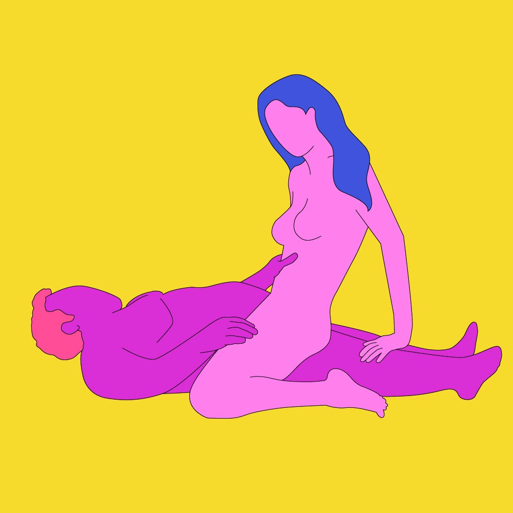 A naked illustrated couple lying down in the Cowgirl position.