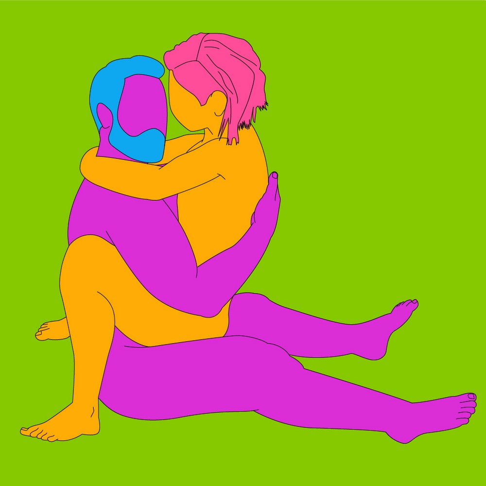 A naked illustrated couple in a seated position, holding each other.