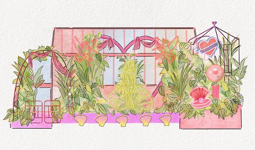 An illustration of the Lovehoney exhibit at the RHS Chelsea Flower Show 2026.