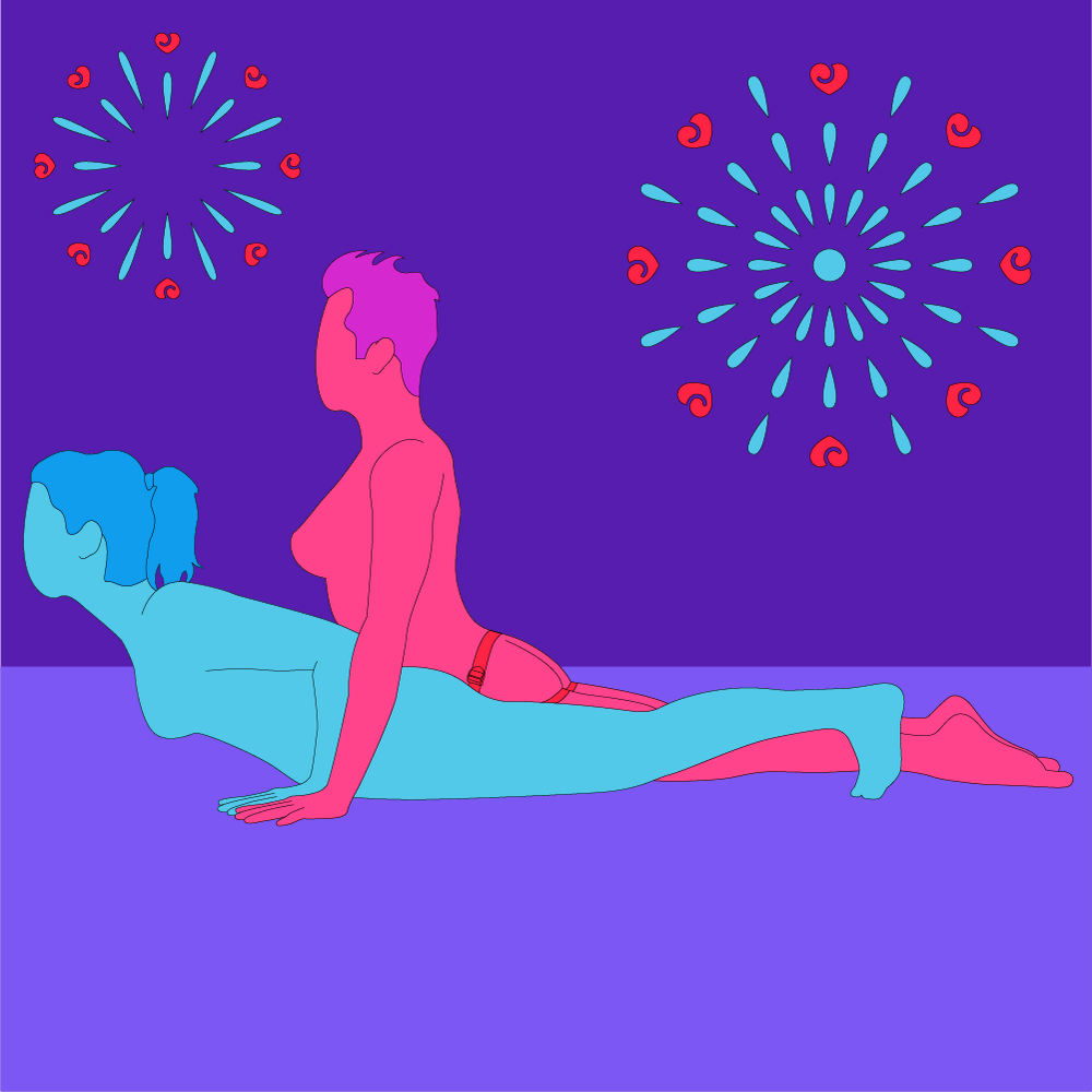 A naked illustrated couple in a planking-like position. One is led on their stomach and the other is led on top of them, wearing a strap-on.