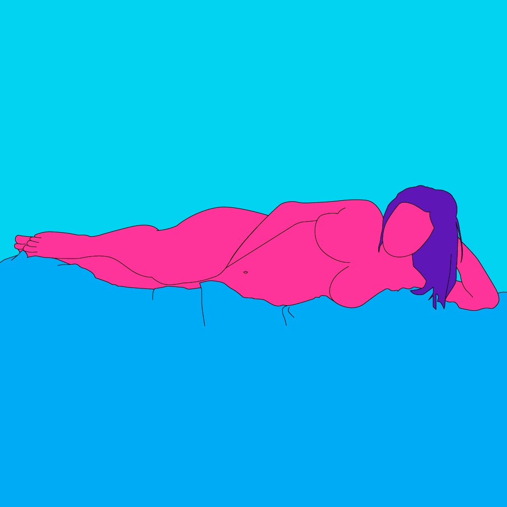 A naked illustrated woman led on her side touching herself.