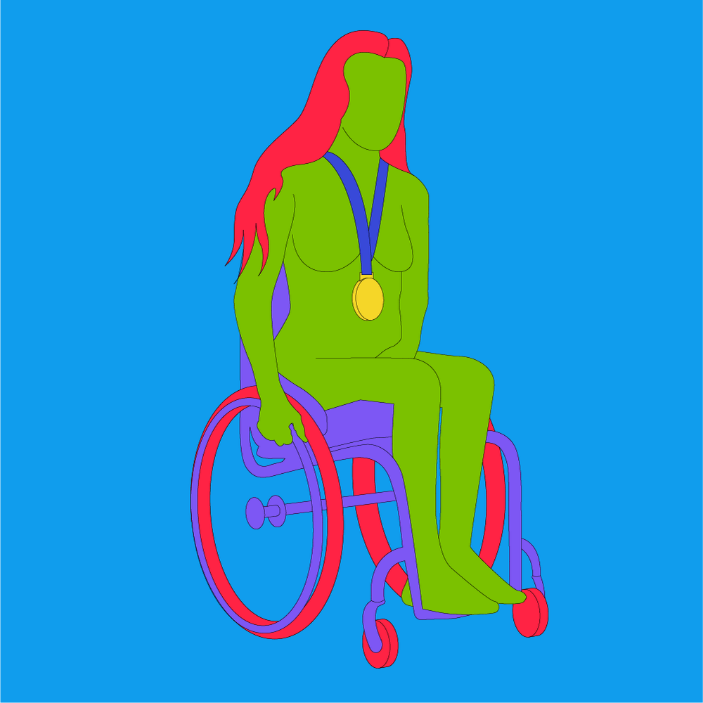 A naked illustrated woman sat in a wheelchair, with a gold medal around her neck.
