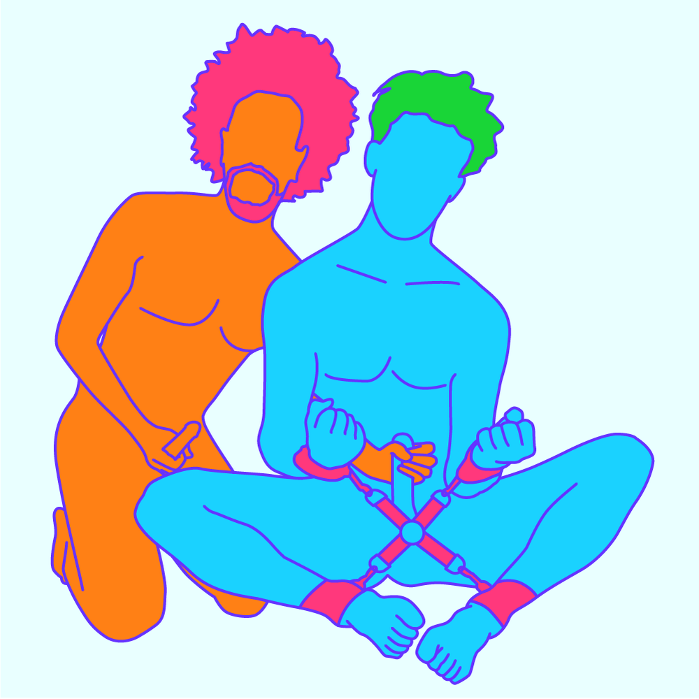 A naked illustrated couple in a seated bondage sex position. One is restrained with a hog tie and the other is sat behind them, touching themselves.